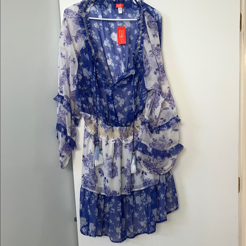 Blue Floral Sheer Boho Dress with Tassel Waist